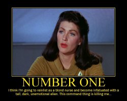 Number One --- I think I'm going to reinlist as a blond nurse and become infatuated with a tall, dark, unemotional alien. This command thing is killing me...