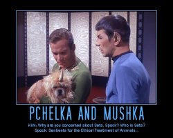 Pchelka and Mushka --- Kirk: Why are you concerned about Seta, Spock? Who is Seta?  Spock: Sentients for the Ethical Treatment of Animals...