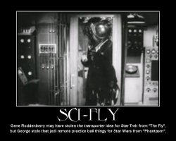 Sci-Fly --- Gene Roddenberry may have stolen the transporter idea for Sta Trek from 'The Fly', but George stole that remote practice ball thingy for Star Wars from 'Phantasm'.