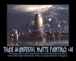 Those Wonderful Matte Paintings #14 --- The Klingon High Council meets in the Great Hall of the First City of Qo'noS (the Klingon Homeworld). Politics is popular television for Klingons...
