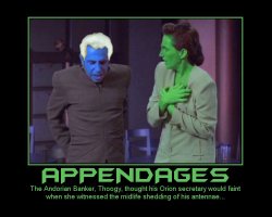 Appendages --- The Andorian Banker, Thoogy, thought his Orion secretary would faint when she witnessed the midlife shedding of his antennae...