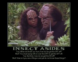 Insect Asides --- Toq: When we finish our hunt, how do we get the OFF off?  Worf: You must spray ON on over the OFF to get the OFF off.  Toq: But then, how do we get the ON off?  Worf: How is it you are a Klingon and yet do not know these things?