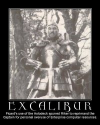 Excalibur --- Picard's use of the Holodeck spurred Riker to reprimand the Captain for personal overuse of Enterprise computer resources.