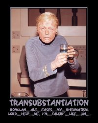 Transubstantiation --- Romulan....ale....eases....my....rheumatism. Lord....help....me. I'm....talkin'....like....Jim....